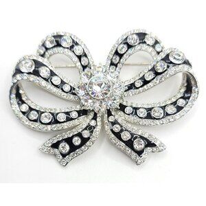 Joan Rivers Silvertone Black Enamel Clear Rhinestone Bow Brooch Signed